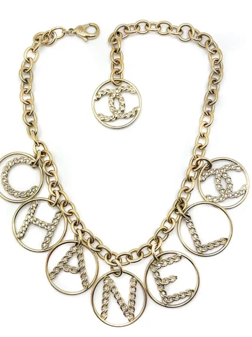CHANEL Gold-Tone 'CHANEL' Letter Charm Chain Necklace
